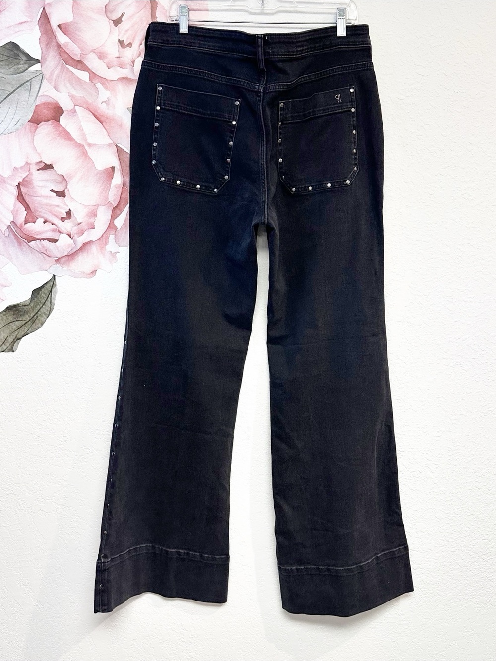 Pilcro Anthropologie The Rylan Black Studded Relax Hi Rise Flare Jeans NWT 32T - Picture 8 of 15